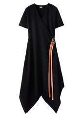 Loewe Leather-Strap Wool-Blend Wrap Dress