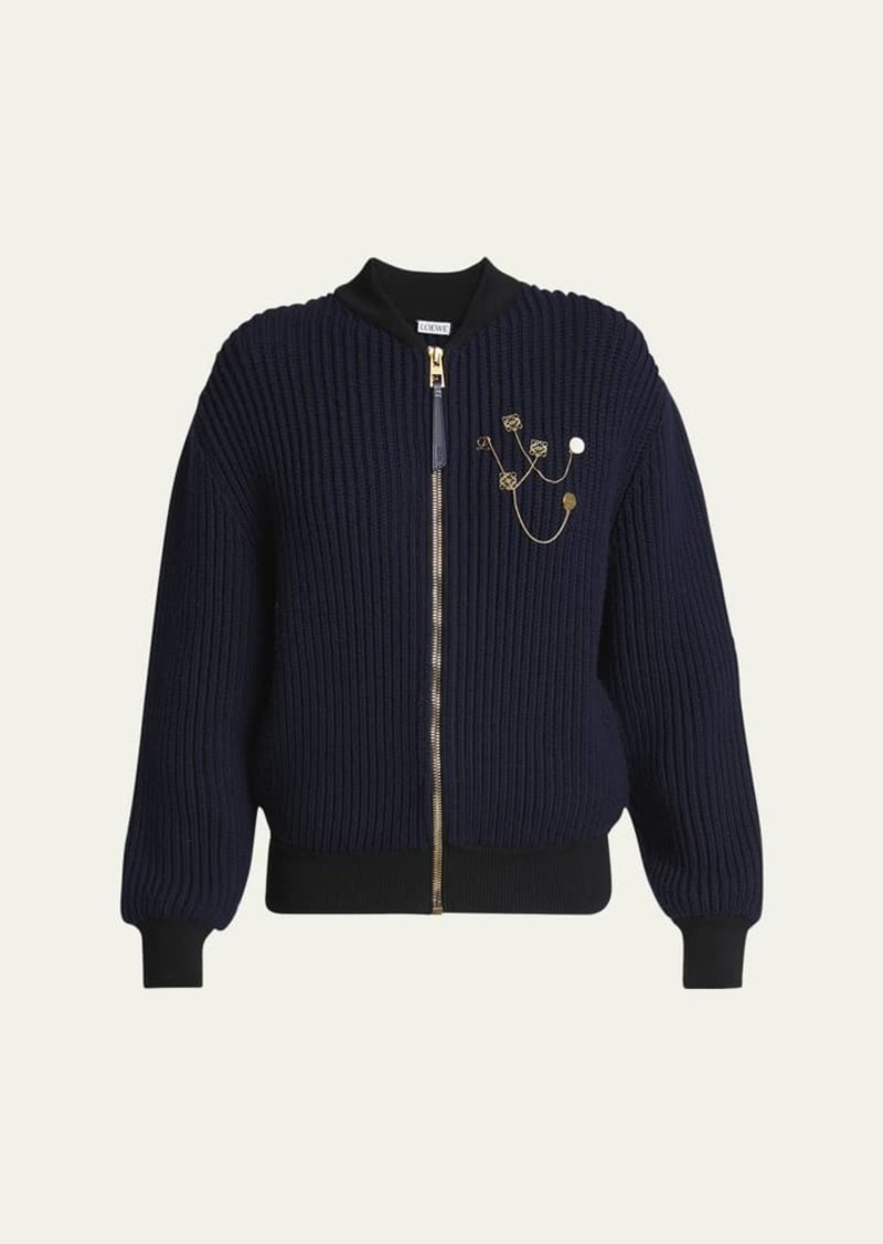 Loewe Logo Pin Ribbed Zip Wool Cardigan