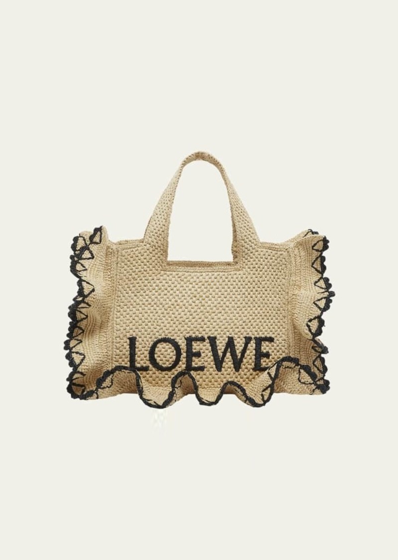 Loewe x Paula’s Ibiza Font Logo Small Tote Bag in Raffia with Ruffles