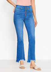 LOFT Curvy Chewed Hem Button Front High Rise Kick Crop Jeans in Classic Indigo Wash