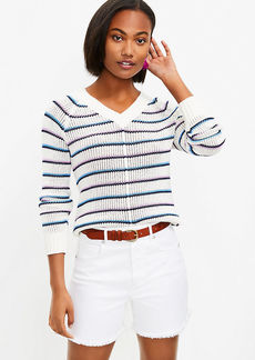 LOFT Striped Open Stitch V-Neck Sweater