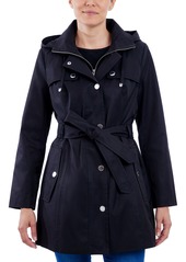 London Fog Petite Hooded Belted Zip-Front Raincoat - Midnight Navy