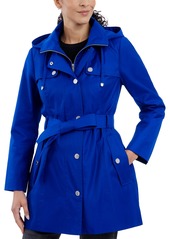 London Fog Petite Hooded Belted Zip-Front Raincoat - Midnight Navy