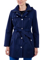 London Fog Petite Hooded Belted Zip-Front Raincoat - Midnight Navy