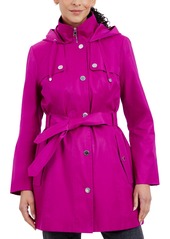 London Fog Petite Hooded Belted Zip-Front Raincoat - Midnight Navy