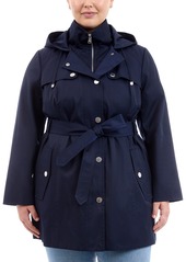 London Fog Plus Size Hooded Belted Zip-Front Raincoat - Black