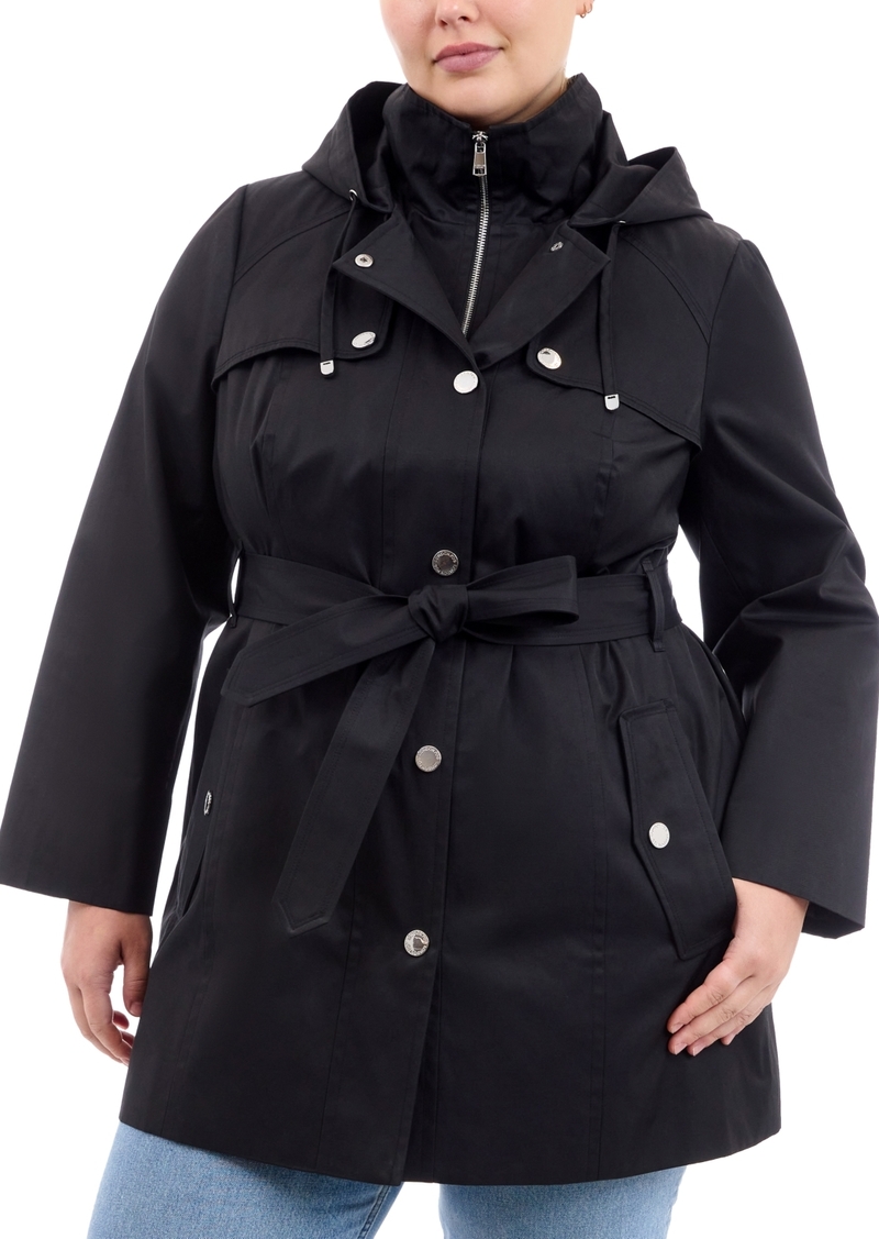 London Fog Plus Size Hooded Belted Zip-Front Raincoat - Black