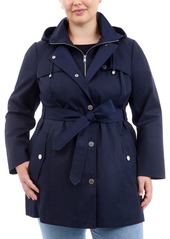 London Fog Plus Size Hooded Belted Zip-Front Raincoat - Black