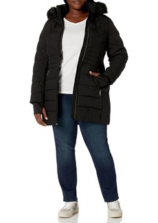 LONDON FOG Women's 3/4 Plus Size Puffer Coat with Detachable Faux Fur Hood