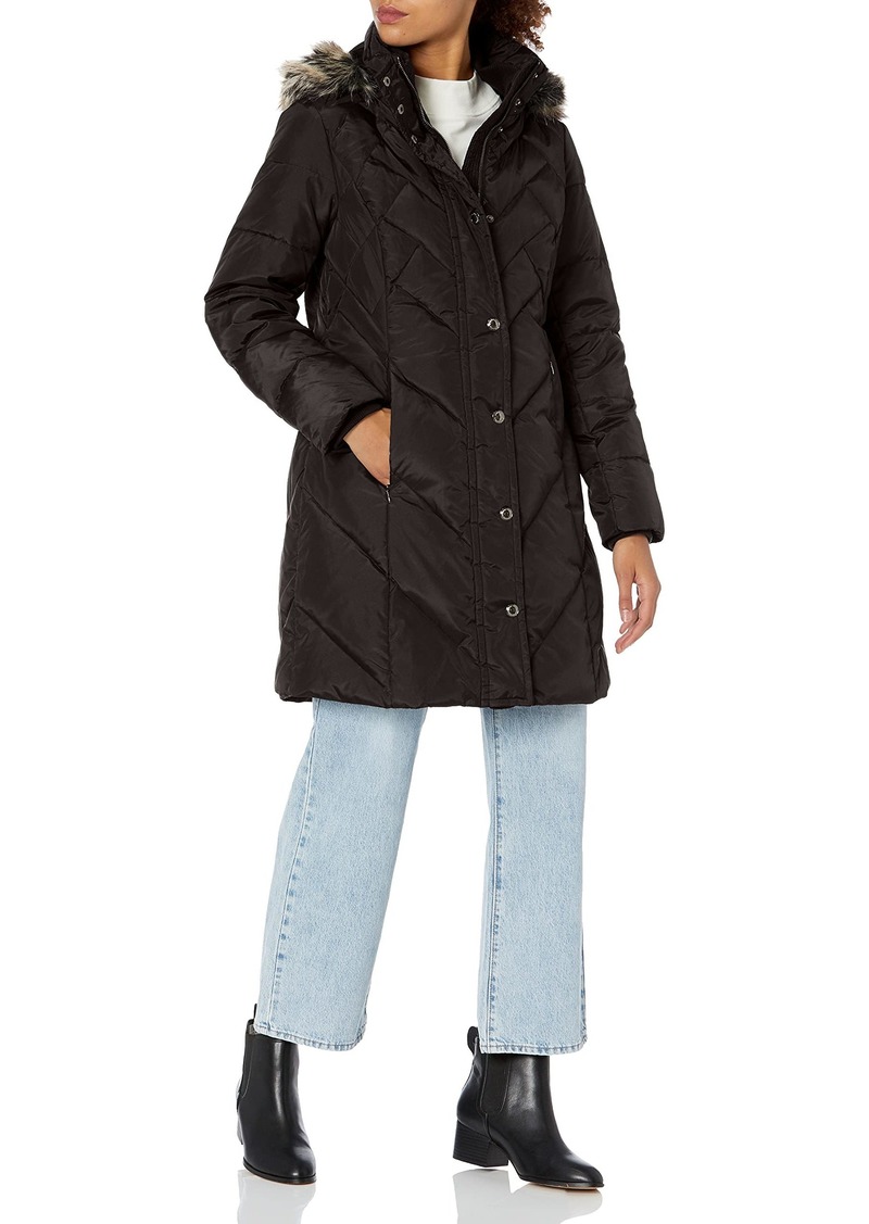 LONDON FOG Women's 36" Snap Front Down Coat with Multi Pattern Quilt and Hood  M