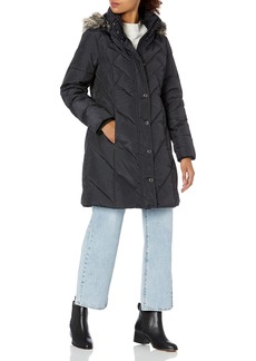 London Fog Women's 36" Snap Front Down Coat with Multi Pattern Quilt and Hood  L