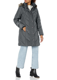 London Fog Women's 36" Snap Front Down Coat with Multi Pattern Quilt and Hood  XLarge