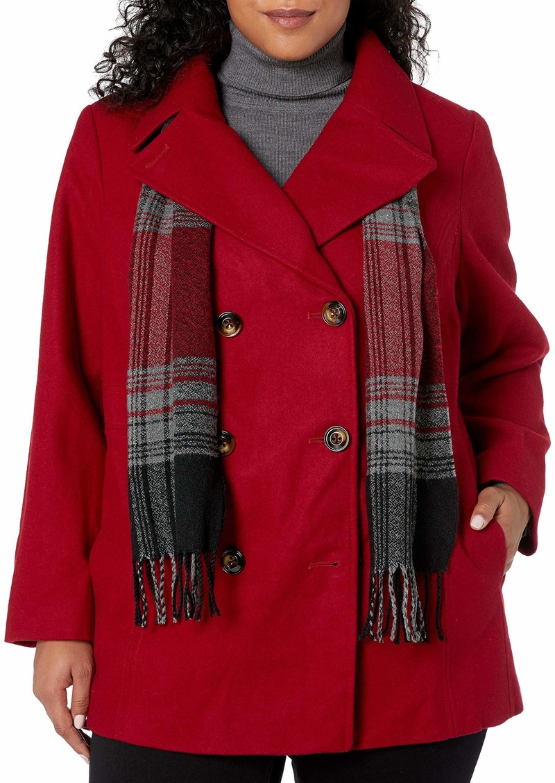 London Fog Women's Plus-Size Double Breasted Peacoat with Scarf red