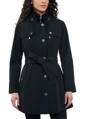 London Fog Women's Hooded Belted Zip-Front Rain Coat - Ultra Marine