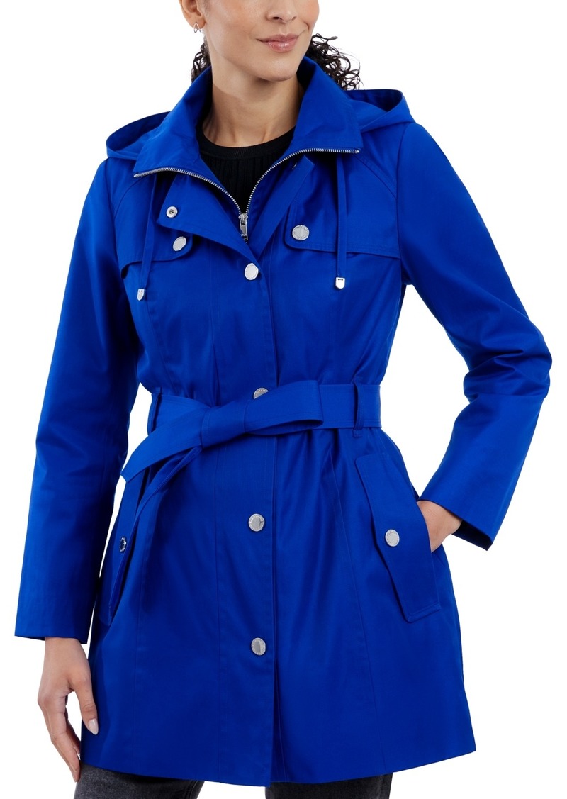 London Fog Petite Hooded Belted Zip-Front Raincoat - Ultra Marine