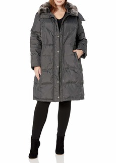 London Fog Women's Plus-Size Mid-Length Faux-Fur Collar Down Coat with Hood