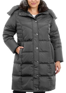 LONDON FOG Women's Plus-Size Mid-Length Faux-Fur Collar Down Coat with Hood