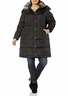 London Fog Women's Plus-Size Mid-Length Faux Fur Collar Down Coat with Hood