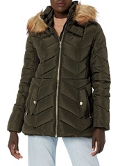 London Fog Women's Short Puffer Jacket with Detachable Faux Fur Hood