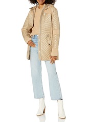 LONDON FOG Women's Zip Front Thigh Length Quilt and Knit Coat with Hood  S