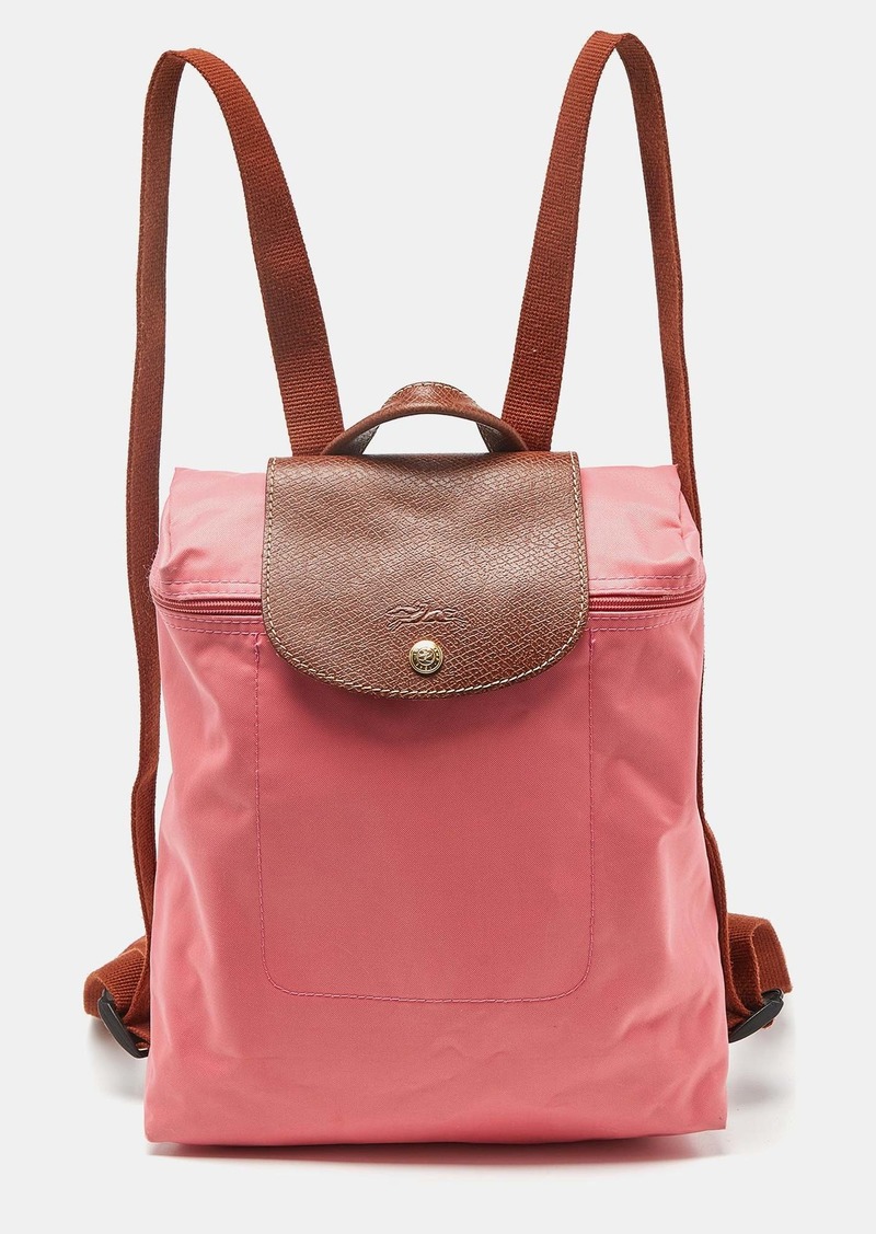 Longchamp Pink/brown Nylon And Leather Le Pliage Backpack