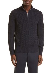 LORO PIANA Clarendon Cable Knit Half Zip Cashmere & Linen Sweater in Blue Navy/Pirate Blue at Nordstrom