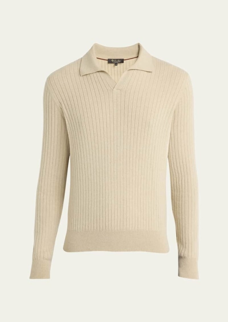 Loro Piana Men's Lexington Baby Cashmere Ribbed Polo Sweater