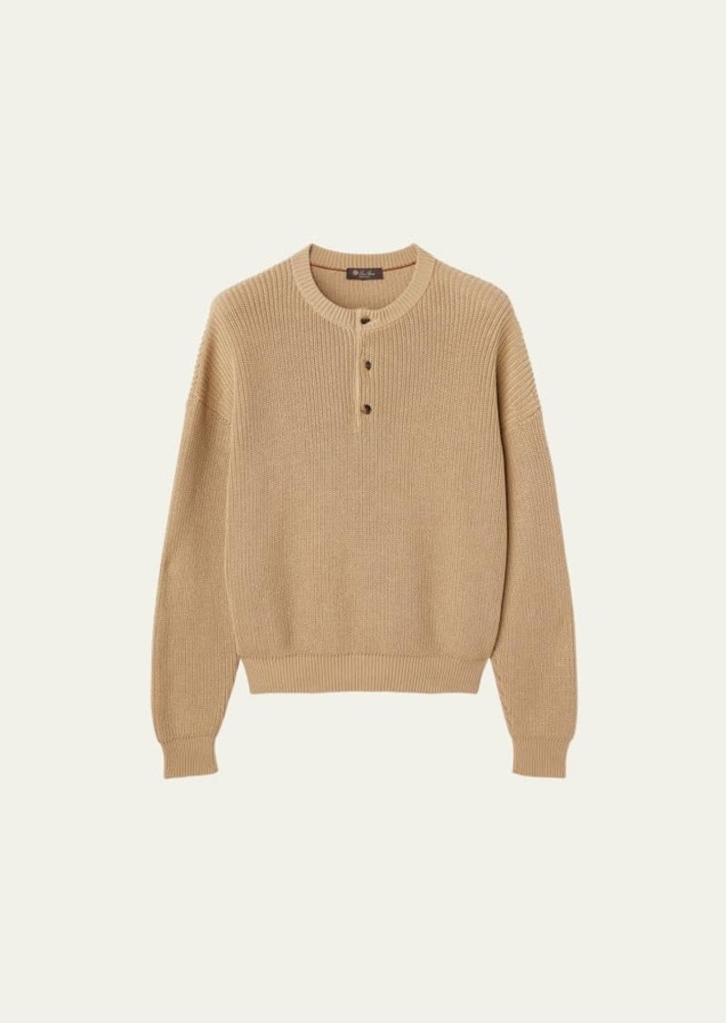 Loro Piana Men's Serafino Cotton 3-Button Crewneck Sweater