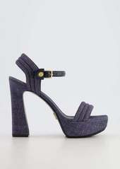 Louis Vuitton Denim Sandal Heels With Lv Gold Ankle-Strap Detail