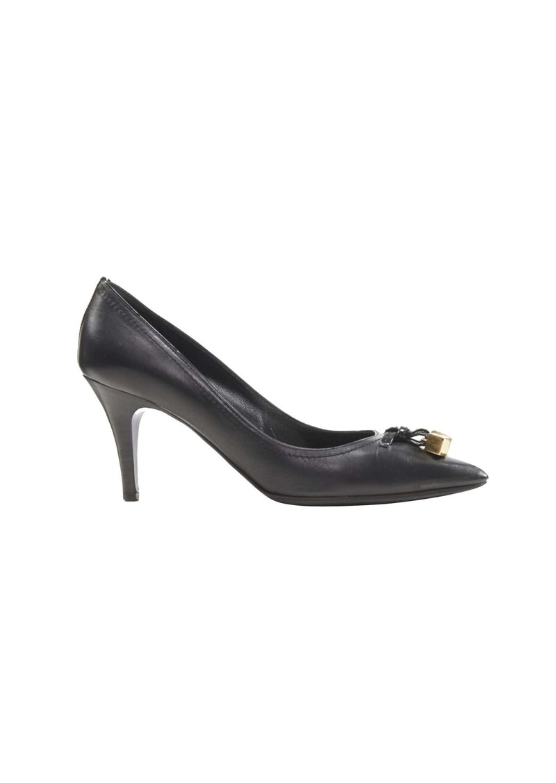 LOUIS VUITTON gold LV dice charm black leather mid heel pump