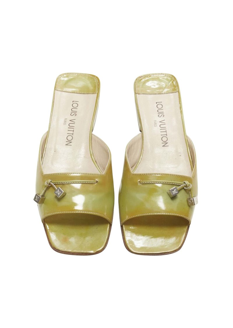 LOUIS VUITTON green yellow polished leather LV dice square toe slipper