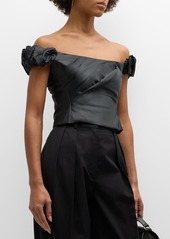 LoveShackFancy Ileana Off-the-Shoulder Puff-Sleeve Satin Crop Top