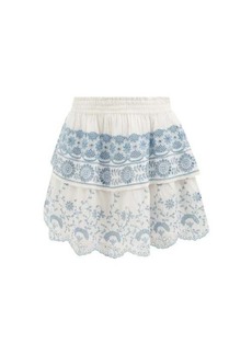 Loveshackfancy - Charmaine Tiered Embroidered-voile Mini Skirt - Womens - Blue White