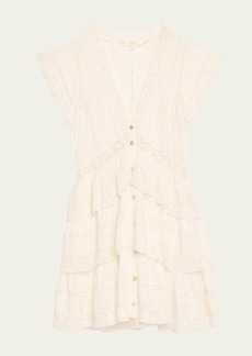 LoveShackFancy Binselle Tiered Ruffle Lace Short-Sleeve Mini Dress