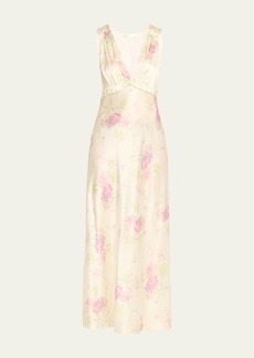 LoveShackFancy Suniva Sleeveless Floral Silk V-Neck Midi Dress