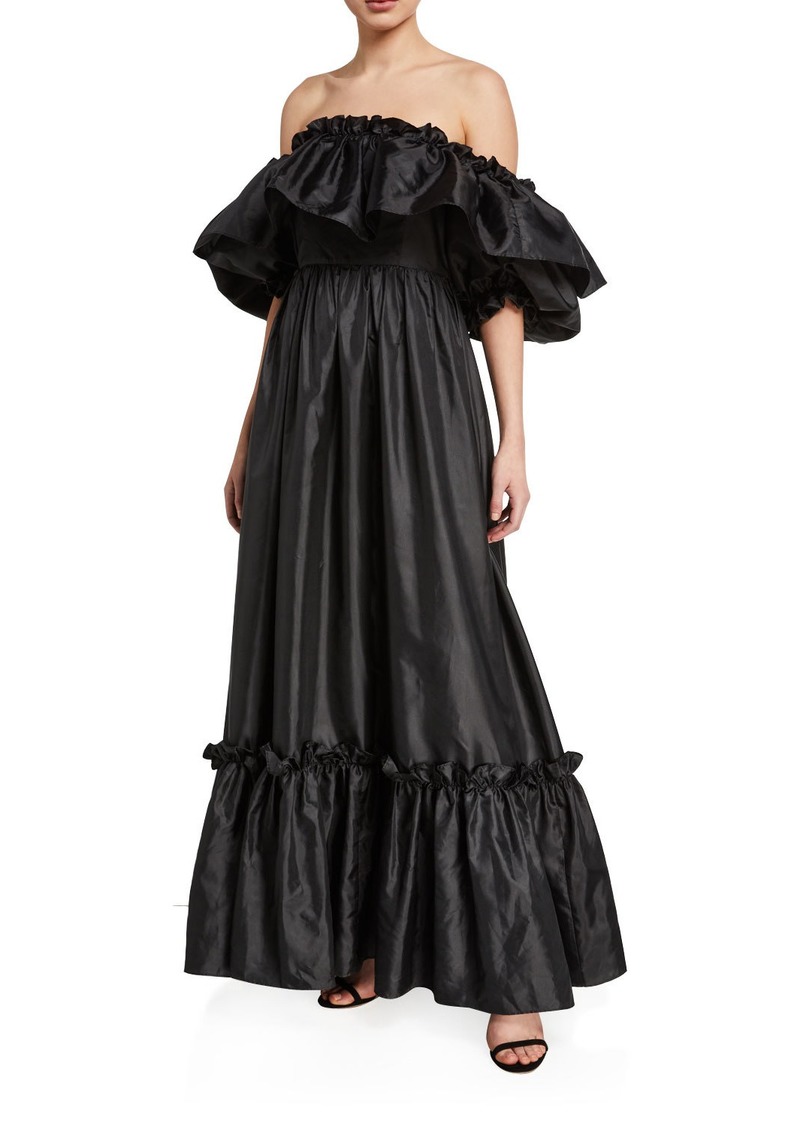 LoveShackFancy Tara Off-the-Shoulder Ruffle-Trim Taffeta Dress