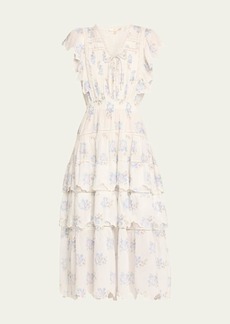 LoveShackFancy Valina Tiered Flutter-Sleeve Cotton Midi Dress