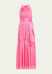 LoveShackFancy Vendima Tiered Satin Maxi Halter Dress