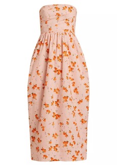 LoveShackFancy Luxie Floral Cotton Strapless Midi-Dress