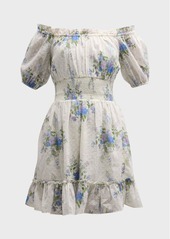 LoveShackFancy Smocked Floral Puff-Sleeve Mini Dress