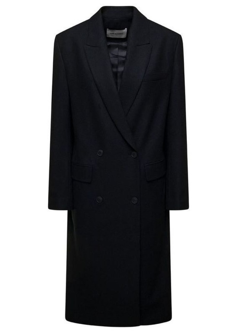 Low Classic Long Black Double-Breasted Coat with Tonal Buttons in Wool Blend Woman