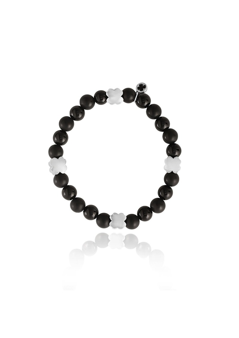 Lucky Brand Black Onyx & 4Pc Clover Beaded Elastic Bracelet - Silver tone, black