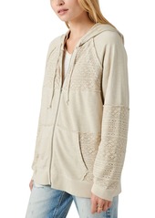 Lucky Brand Cotton Lace Panel Zip Up Hoodie Sweatshirt - Peyote