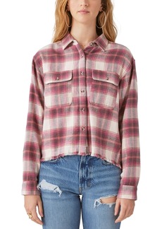 Lucky Brand Women's Cotton Raw Edge Plaid Cropped Button Down Top - Pink Plaid