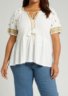 Lucky Brand Easy Embroidered Cotton Babydoll Top