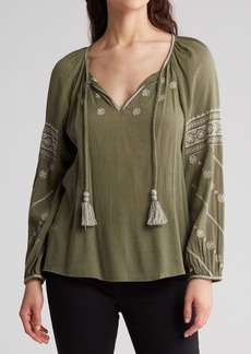 Lucky Brand Embroidered Cotton Blend Peasant Top in Dusty Olive at Nordstrom Rack