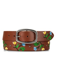 Lucky Brand Embroidered Floral Leather Belt - Tan