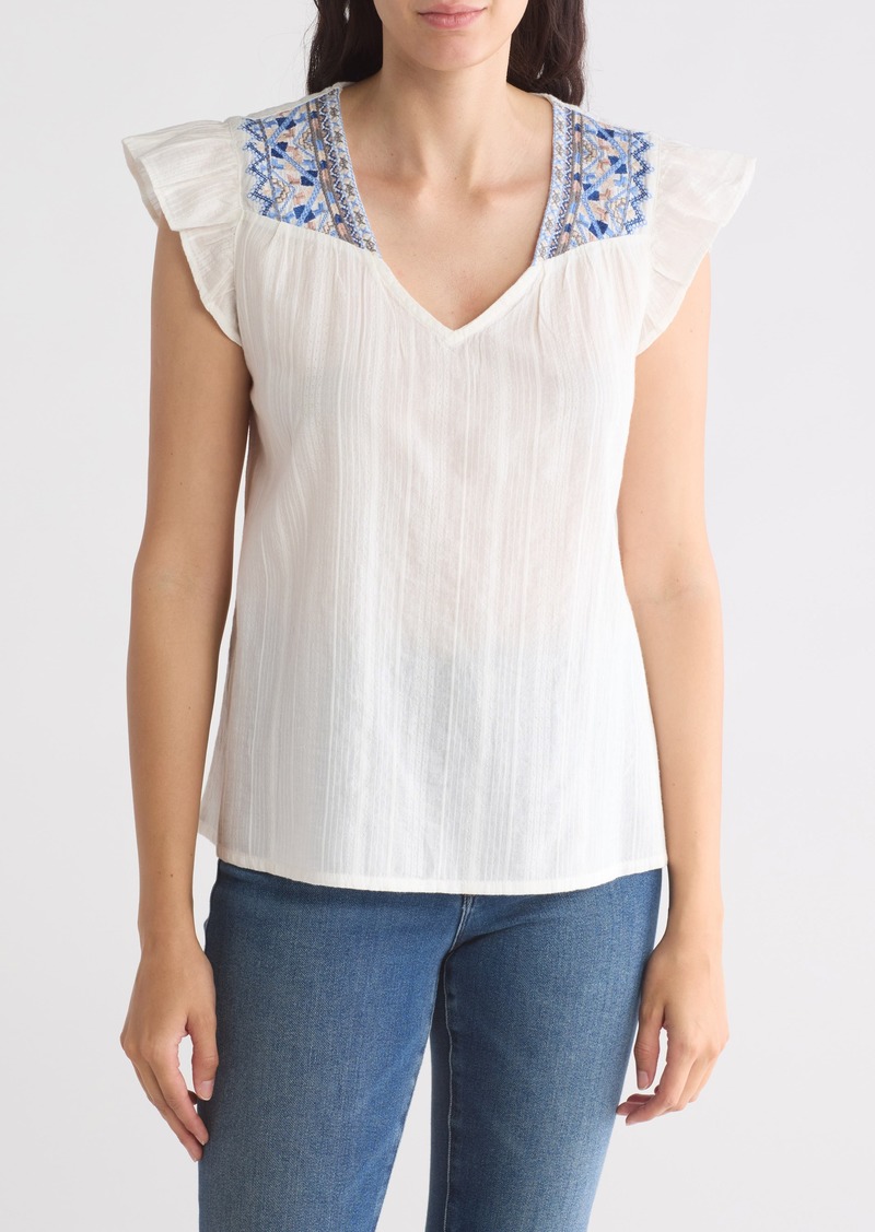 Lucky Brand Embroidered Flutter Sleeve Top in Blue Multi at Nordstrom Rack