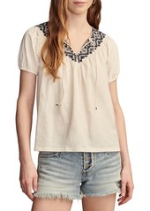 Lucky Brand Embroidered Split Neck Top