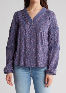 Lucky Brand Floral Print Lace Inset Top in Blue Multi at Nordstrom Rack